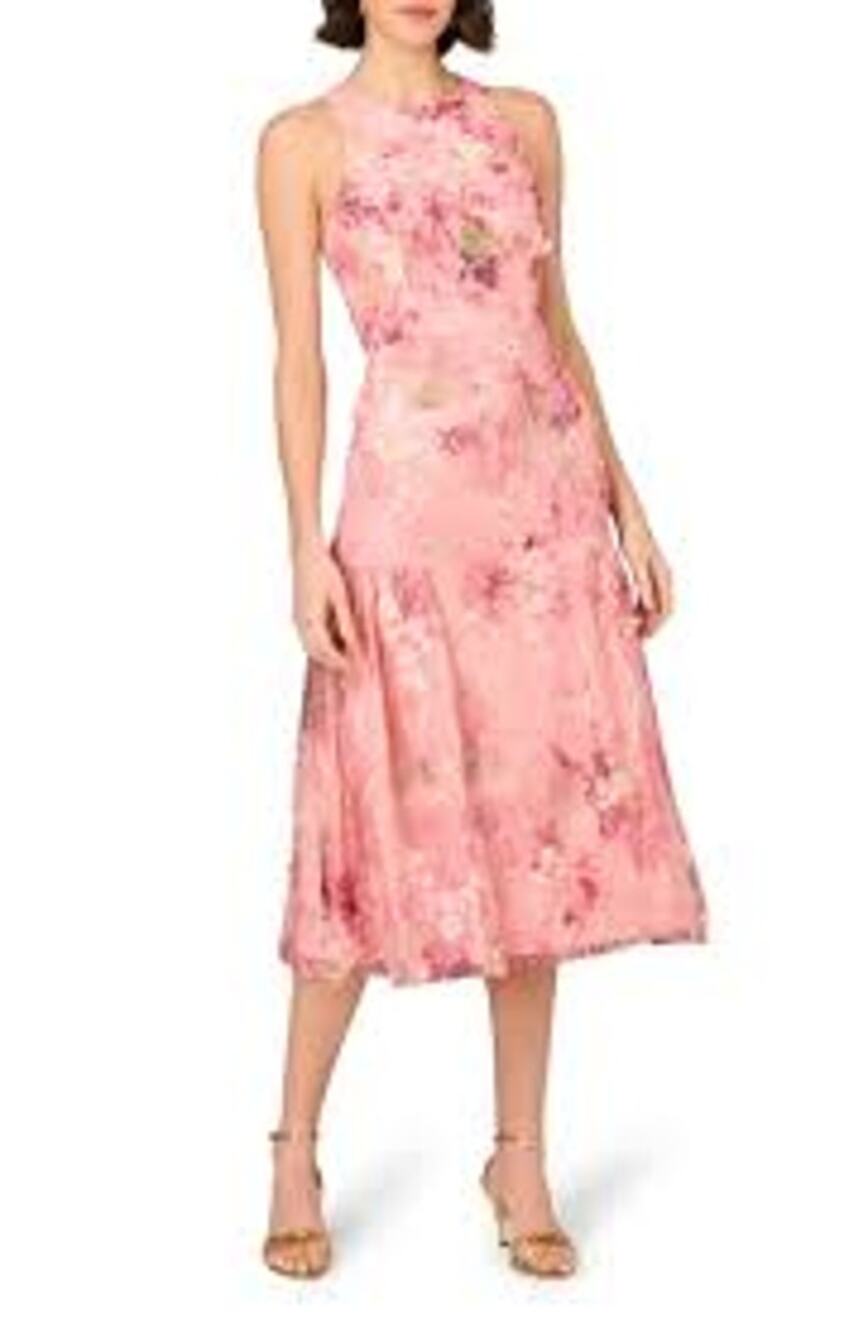 NWT Aidan Mattox 3D Floral Embroidered Midi Dress Fairy Romantic Pink Women 10
